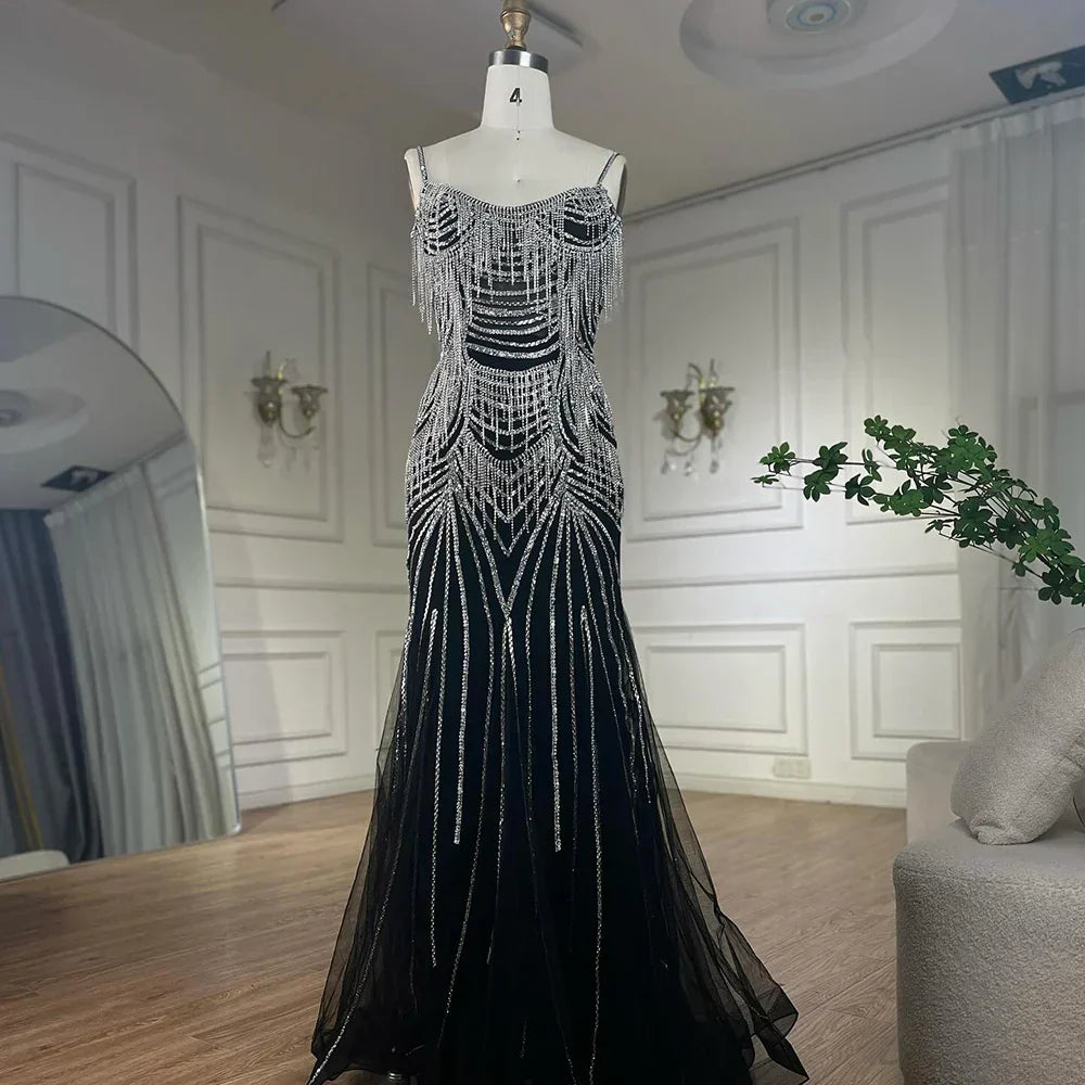 Luxury Nude Pink Crystal Tassel Mermaid Evening Dress