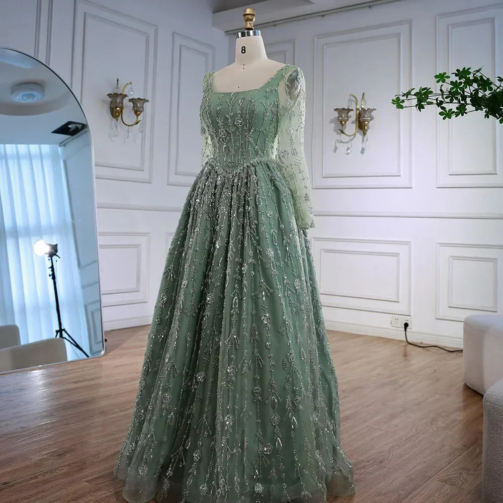Luxury Sage Green Beaded Evening Dress with Long Sleeves