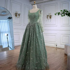 Luxury Sage Green Beaded Evening Dress with Long Sleeves