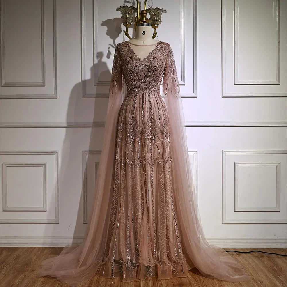 Elegant Beaded A-Line Evening Dress with Cape Sleeves