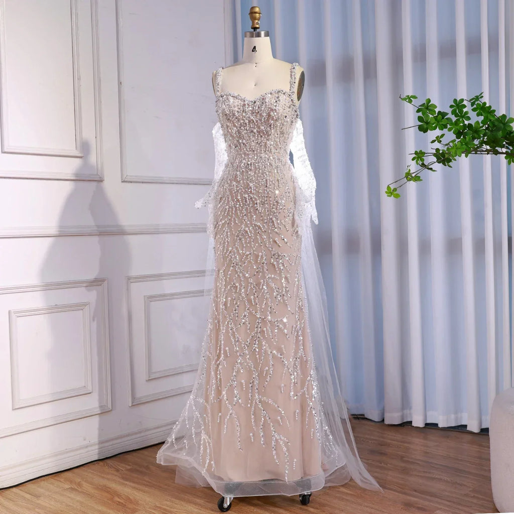 Luxury Lace Pearls Mermaid Evening Dress With Glove White Nude