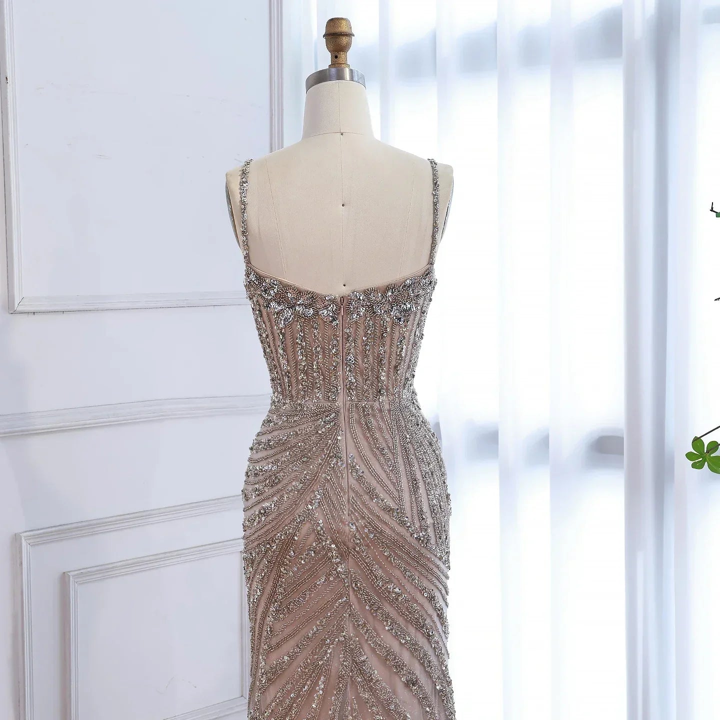 Luxury Nude Beaded High Slit Mermaid Evening Dress