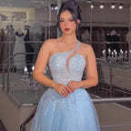 Serene Hill  Blue Spaghetti Strap A Line One Shoulder Prom Dress