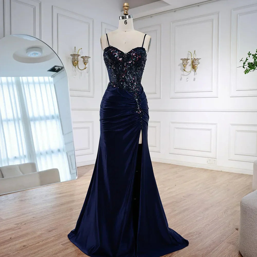 Classy Navy Satin Prom Dress with Lace Beaded and Slit