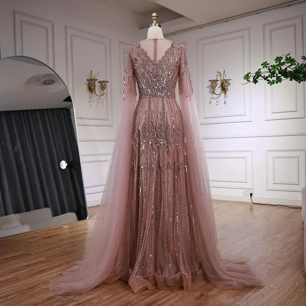 Elegant Beaded A-Line Evening Dress with Cape Sleeves