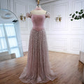 Luxury Arabic Pink Pearls Beaded Evening Dress With Cape