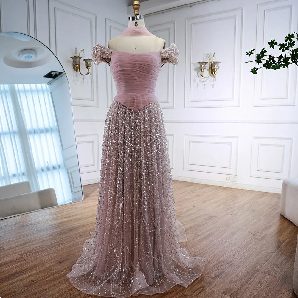 Luxury Arabic Pink Pearls Beaded Evening Dress With Cape