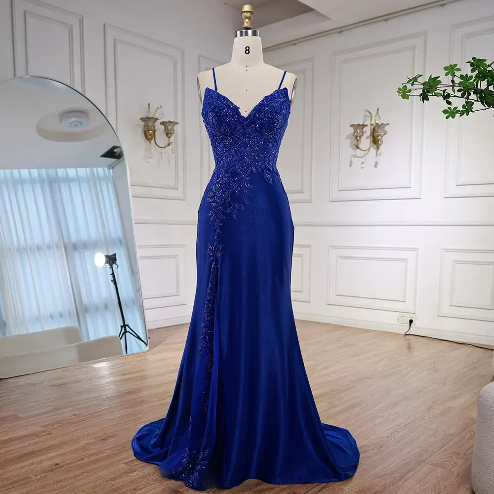 Luxury Navy Blue Lace Slit Prom Dress with Spaghetti Straps