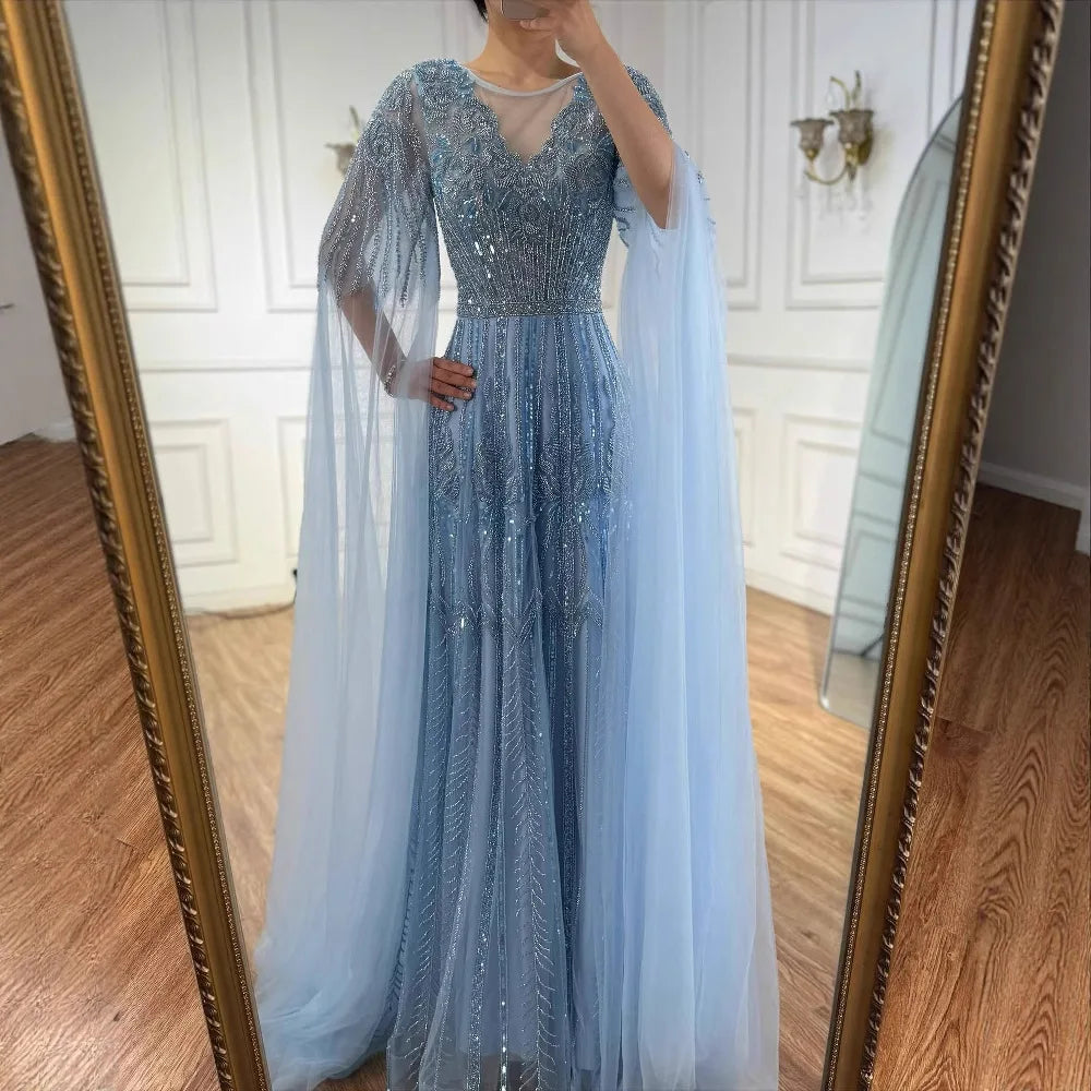 Elegant Beaded A-Line Evening Dress with Cape Sleeves