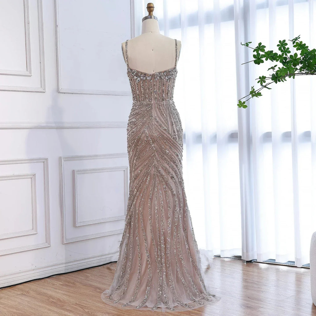 Luxury Nude Beaded High Slit Mermaid Evening Dress