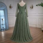 Luxury Sage Green Beaded Evening Dress with Long Sleeves
