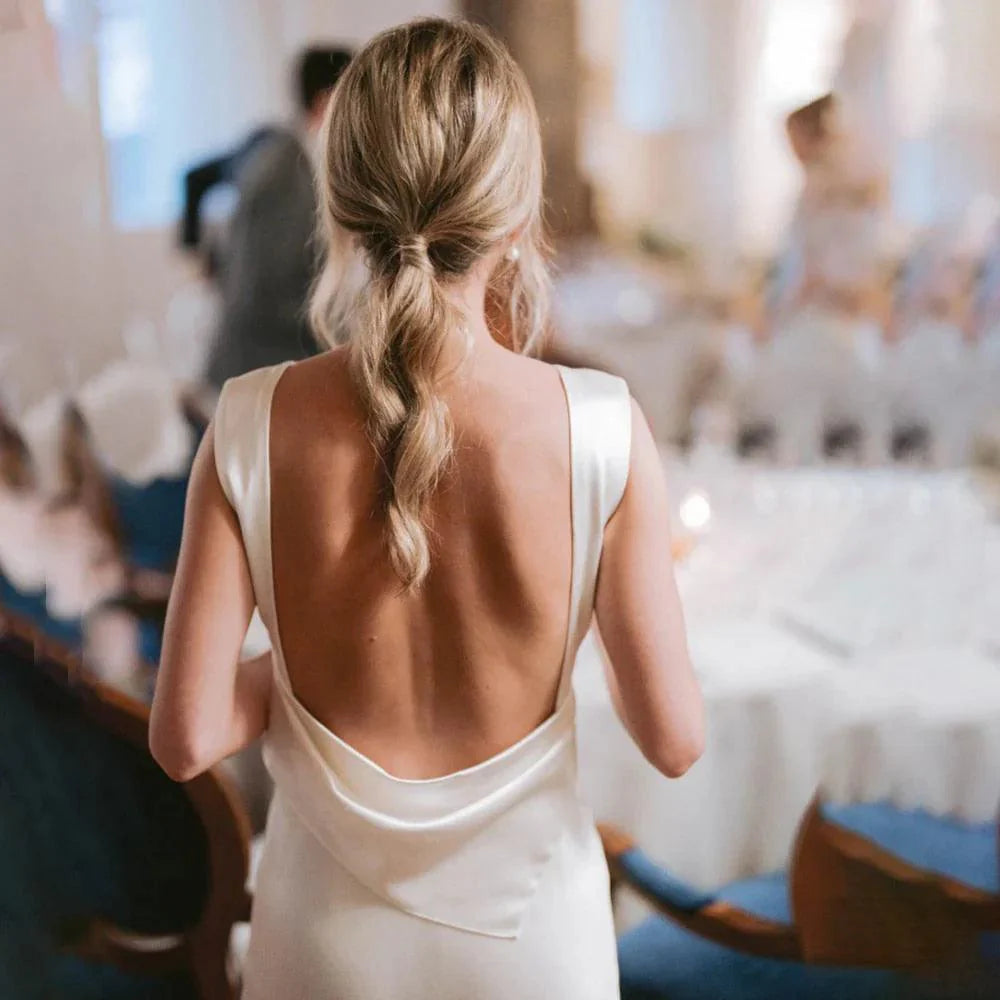 Wedding Dress Sheath High Cowl Neck Backless Silk Satin