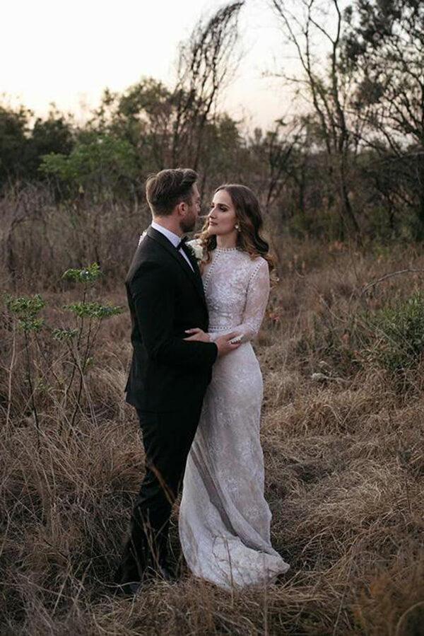 NumberSea Sheath Lace Long Sleeves Beaded Wedding Dresses, Vintage Bridal Gown, MW813