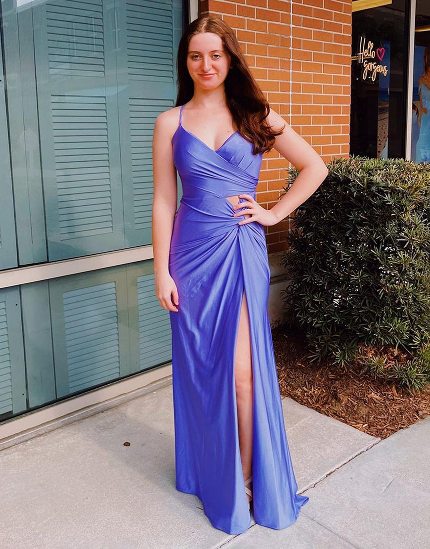 Sheath Spaghetti Straps Corset Back Prom Dress With Split
