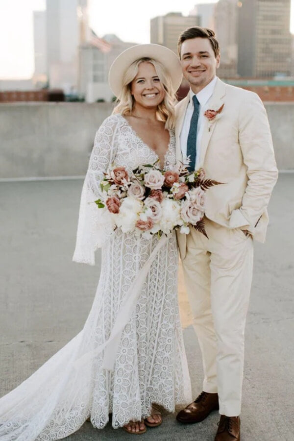 Sheath V-neck Long Sleeves Lace Wedding Dress With Short Train
