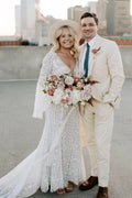 Sheath V-neck Long Sleeves Lace Wedding Dress With Short Train