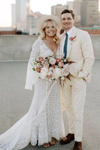 Sheath V-neck Long Sleeves Lace Wedding Dress With Short Train