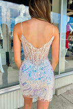 Sheath Spaghetti Straps Mini Homecoming Dress with Sequins