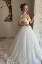 NumberSea Shiny Ivory Tulle A-line Off Shoulder Wedding Dresses, Bridal Gowns, MW849