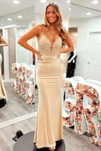 Silk Satin Mermaid V-neck Spaghetti Straps Lace up Back Prom Dresses