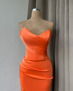 Simple Long Orange Mermaid Strapless Satin Prom Dress With Slit