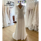 Simple Soft Satin V Neck Boho Wedding Dress with Puff Short Sleeve Beach Bridal Reception Gown for Women robe de mariee