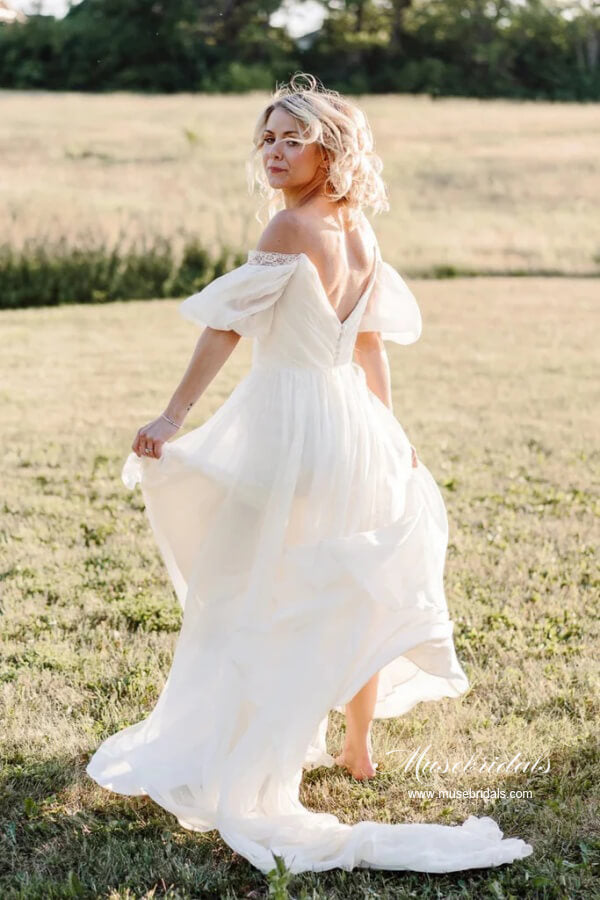 Simple Chiffon A-line Off Shoulder Beach Wedding Dresses With Train