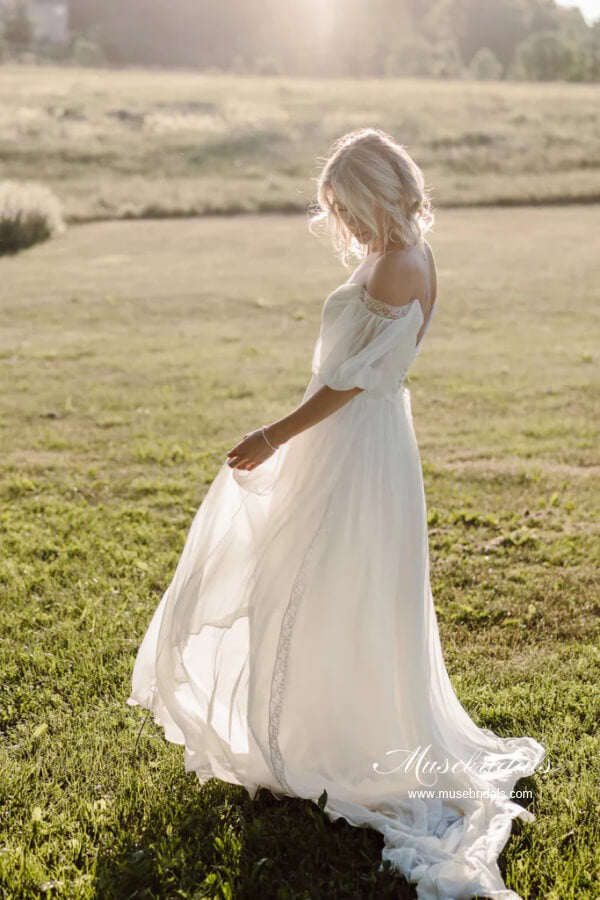 Simple Chiffon A-line Off Shoulder Beach Wedding Dresses With Train