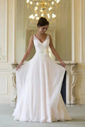 NumberSea Simple Chiffon A-line V-neck Sleeveless Floor Length Beach Wedding Dresses, MW800
