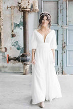 NumberSea Simple Ivory Chiffon A-line V-neck Half Sleeves Long Wedding Dresses, MW694