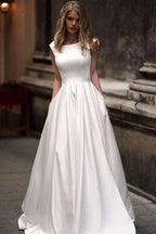 NumberSea Simple Ivory Satin Vintage A-line Princess Wedding Dresses With Pockets, MW698