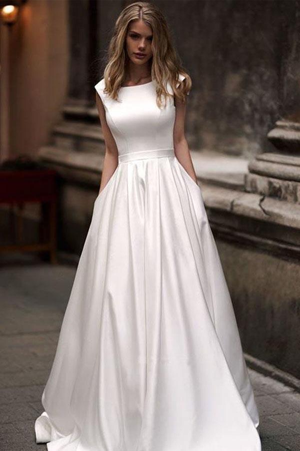 NumberSea Simple Ivory Satin Vintage A-line Princess Wedding Dresses With Pockets, MW698
