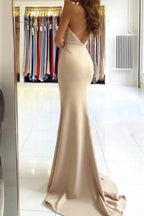 Simple Satin Mermaid V-neck Long Prom Dress With Slit, Evening Dresses