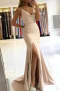 Simple Satin Mermaid V-neck Long Prom Dress With Slit, Evening Dresses