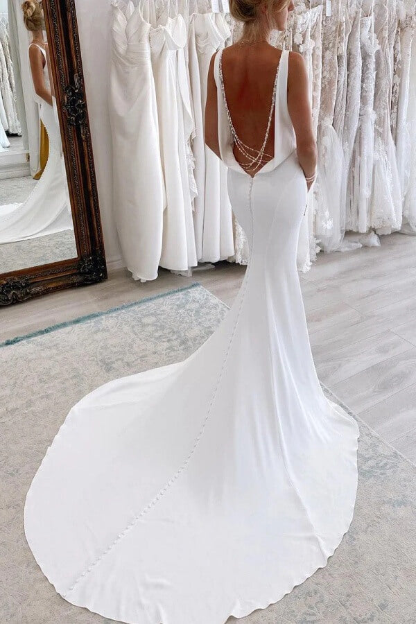 Simple Satin Mermaid V-neck Long Wedding Dresses With Court Train