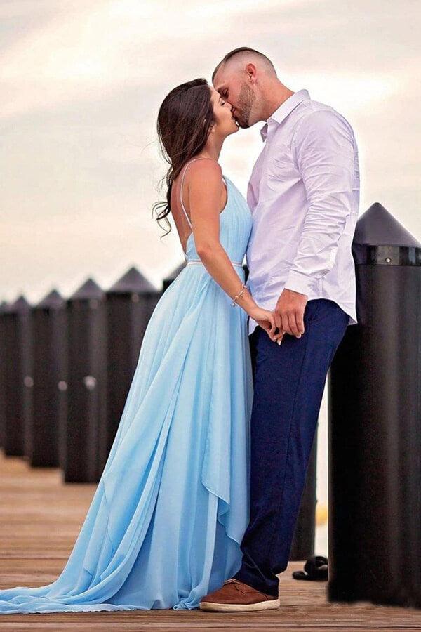 NumberSea Simple Sky Blue Rustic Thigh Split Beach Wedding Dresses with Sweep Train, MW527