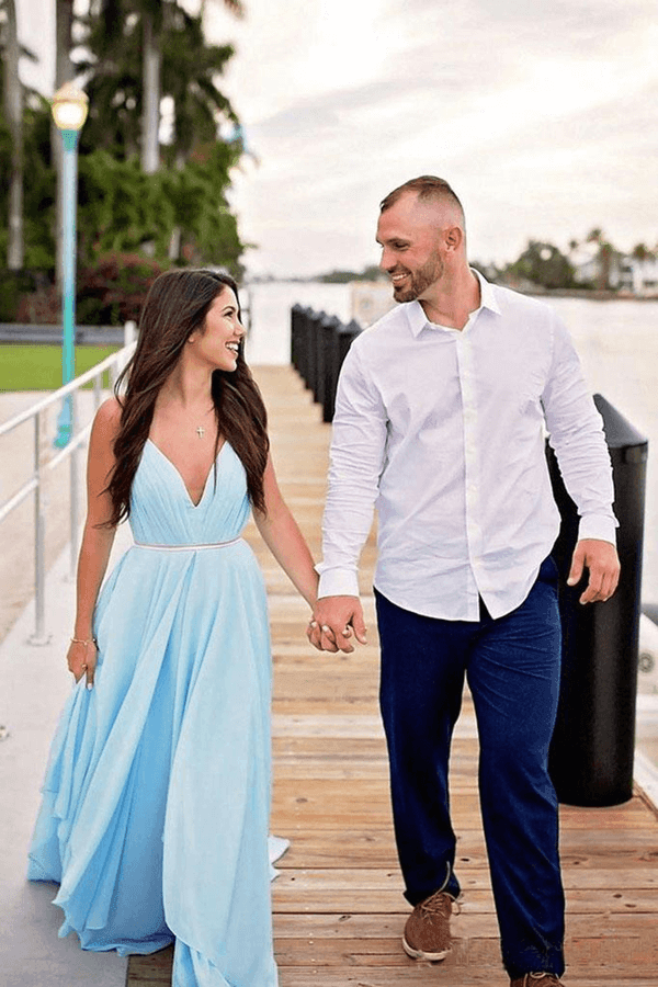 NumberSea Simple Sky Blue Rustic Thigh Split Beach Wedding Dresses with Sweep Train, MW527
