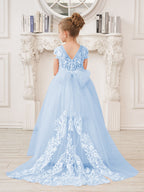 A-line Lace Tulle Sweep Train Pink Flower Girl Dress