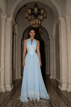 Chiffon Maxi Prom Dresses with Halter Neckline Lace Applique Open Back for Prom and Garden Wedding