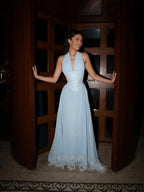 Chiffon Maxi Prom Dresses with Halter Neckline Lace Applique Open Back for Prom and Garden Wedding