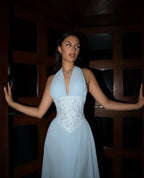 Chiffon Maxi Prom Dresses with Halter Neckline Lace Applique Open Back for Prom and Garden Wedding