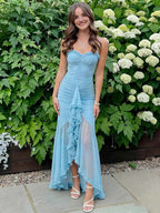 Mesh Maxi Prom Dresses with Thin Straps Sweetheart Neck Ruched Bodice Ruffled High Slit Asymmetrical Skirt for Prom and Party