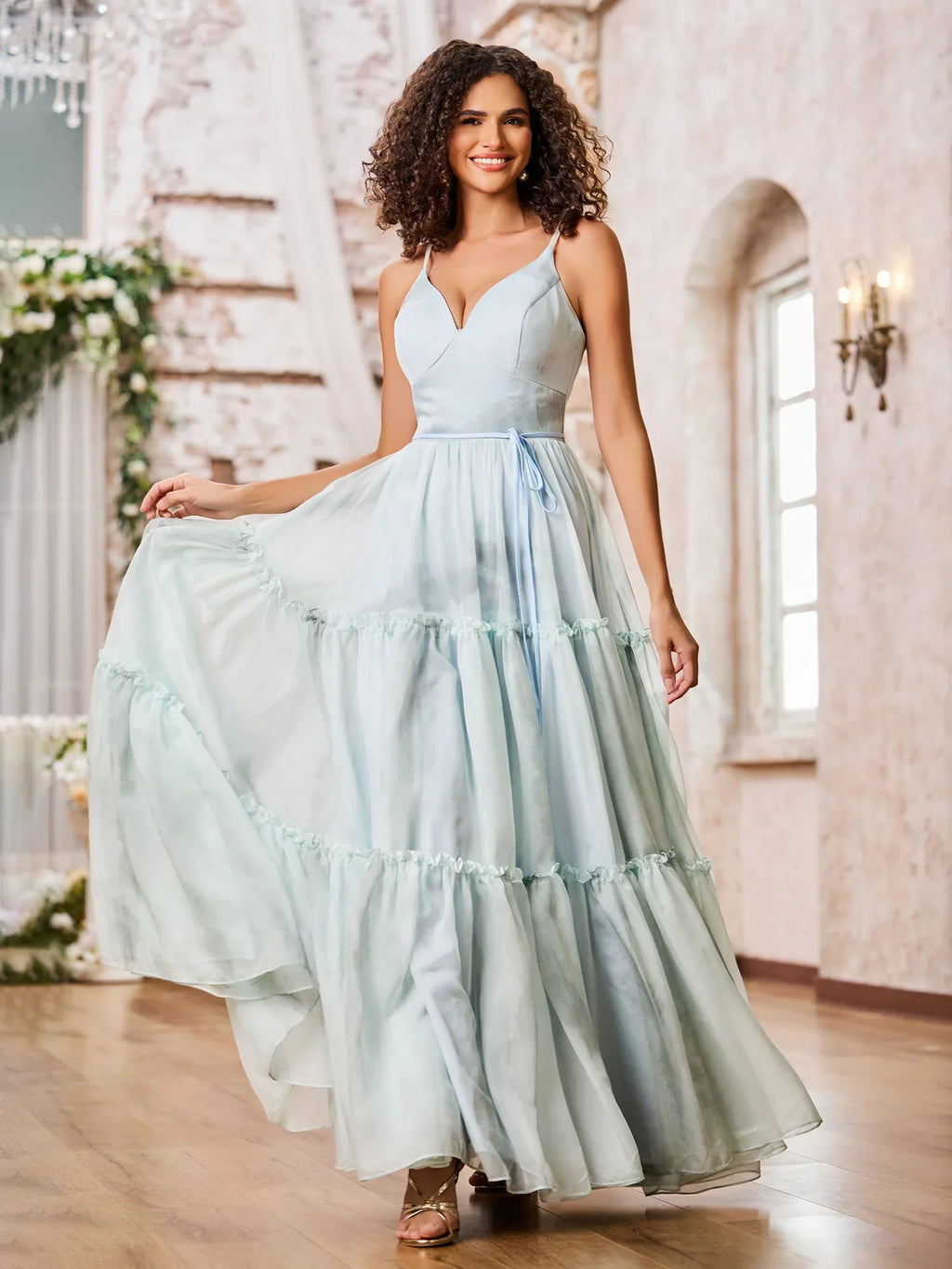 Tulle Maxi Prom Dresses with Spaghetti Strap V Neck Waist Tie Lace-Up Back Tiered Ruffle Skirt for Prom and Garden Wedding