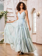 Tulle Maxi Prom Dresses with Spaghetti Strap V Neck Waist Tie Lace-Up Back Tiered Ruffle Skirt for Prom and Garden Wedding