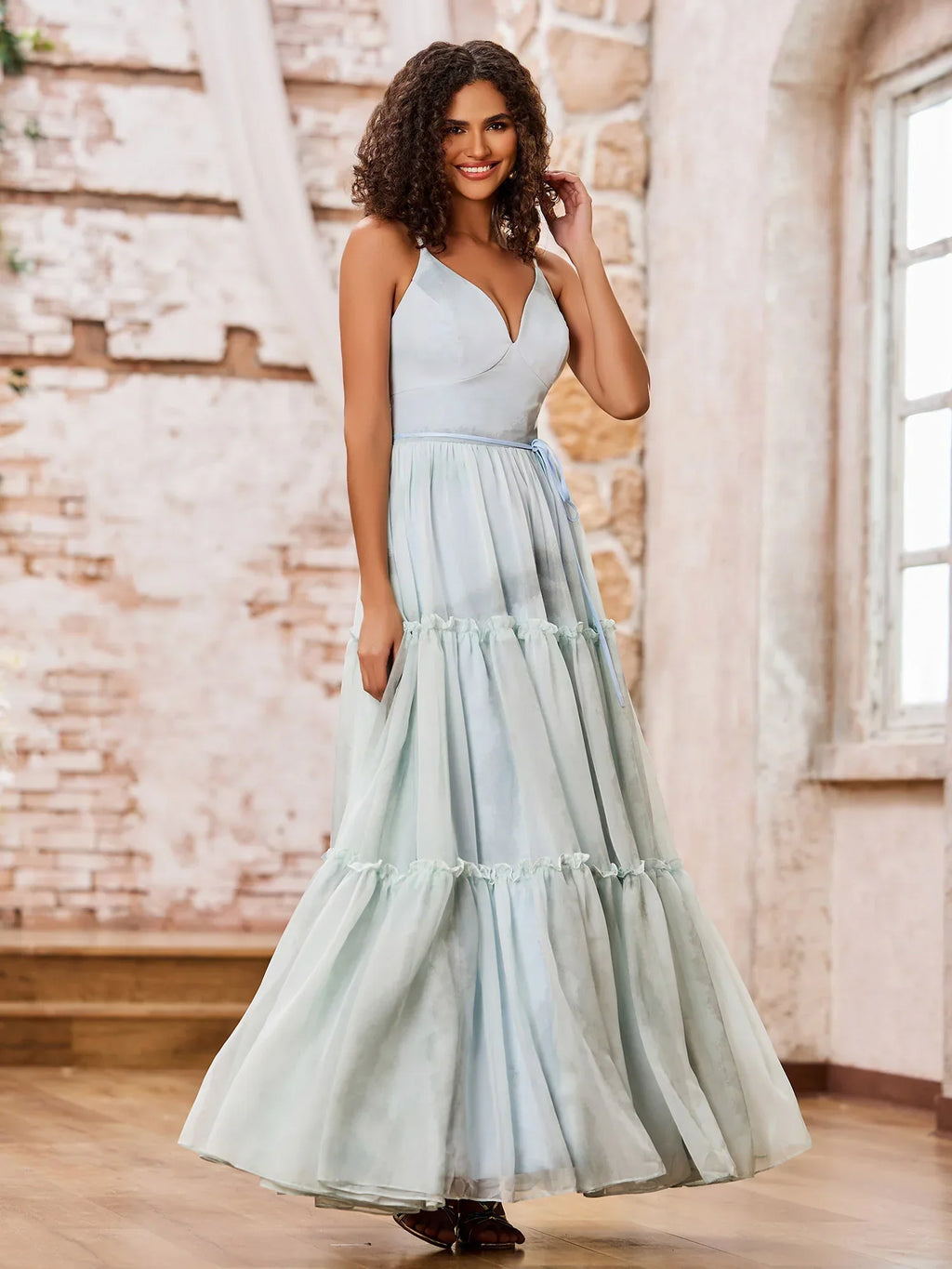 Tulle Maxi Prom Dresses with Spaghetti Strap V Neck Waist Tie Lace-Up Back Tiered Ruffle Skirt for Prom and Garden Wedding