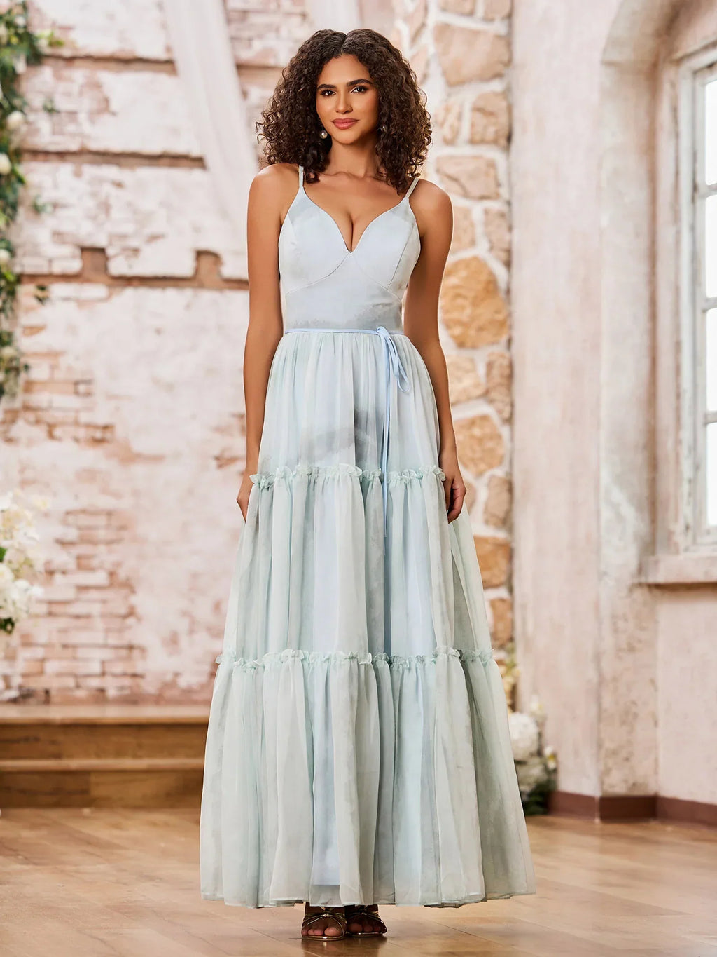 Tulle Maxi Prom Dresses with Spaghetti Strap V Neck Waist Tie Lace-Up Back Tiered Ruffle Skirt for Prom and Garden Wedding