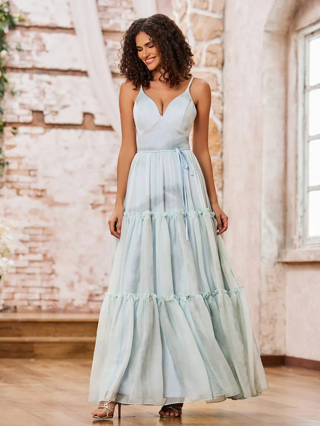 Tulle Maxi Prom Dresses with Spaghetti Strap V Neck Waist Tie Lace-Up Back Tiered Ruffle Skirt for Prom and Garden Wedding