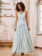 Tulle Maxi Prom Dresses with Spaghetti Strap V Neck Waist Tie Lace-Up Back Tiered Ruffle Skirt for Prom and Garden Wedding