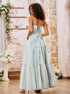 Tulle Maxi Prom Dresses with Spaghetti Strap V Neck Waist Tie Lace-Up Back Tiered Ruffle Skirt for Prom and Garden Wedding