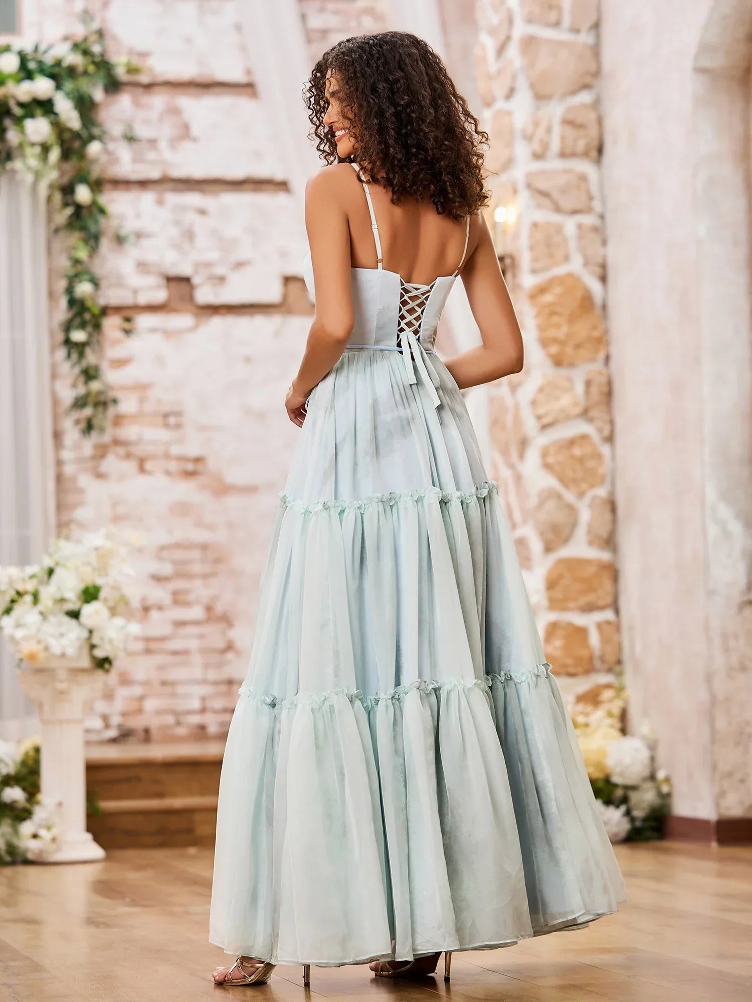 Tulle Maxi Prom Dresses with Spaghetti Strap V Neck Waist Tie Lace-Up Back Tiered Ruffle Skirt for Prom and Garden Wedding